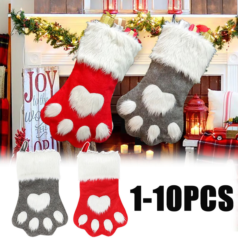 Christmas Stocking Hanging - 1/3/5/10 ชิ้น ถุงของขวัญคริสต์มาสแบบแขวนลายอุ้งเท้าสุนัข น่ารัก ความจุขนาดใหญ่ ขนยาวนุ่ม
