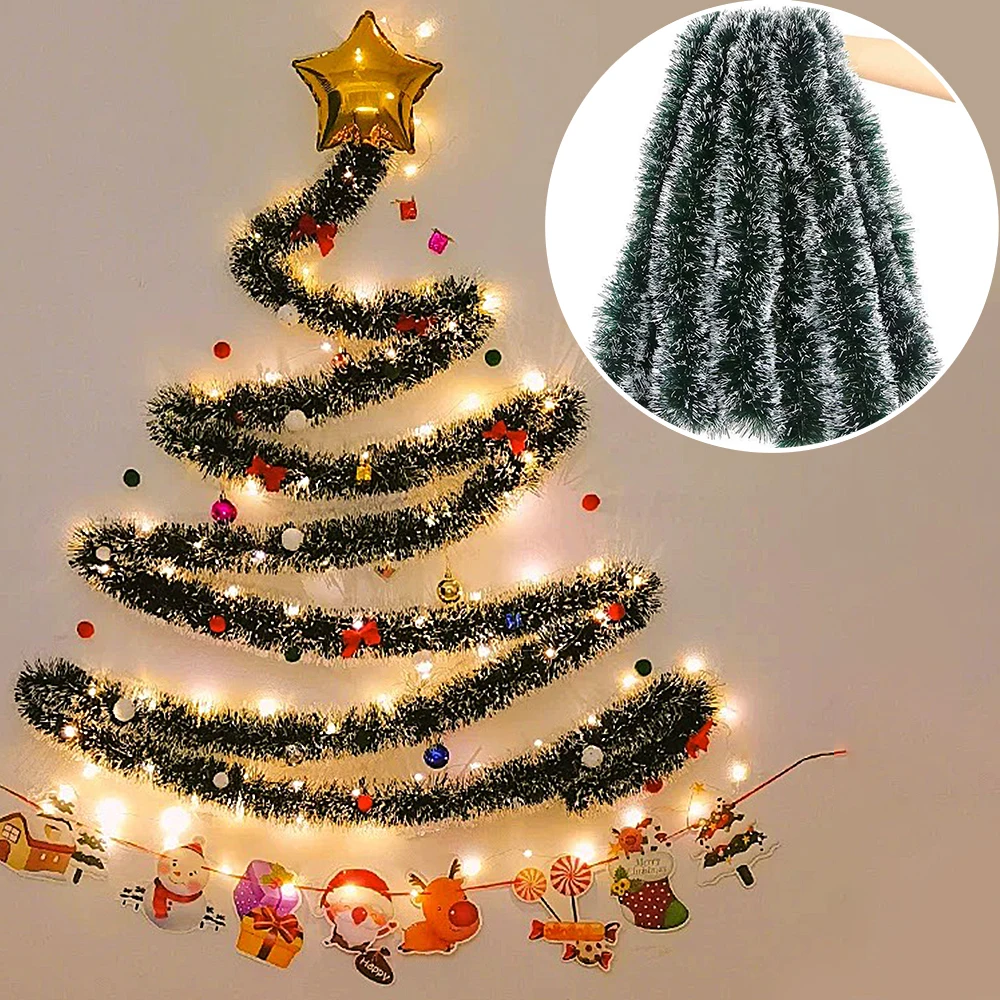 Tinsel Garland Decoration - 1/3/5 ชิ้น ริบบิ้นประดับตกแต่งต้นคริสต์มาสแบบเกล็ดหิมะสีเขียวเมทัลลิกขอบขาว ยาว 2 เมตร